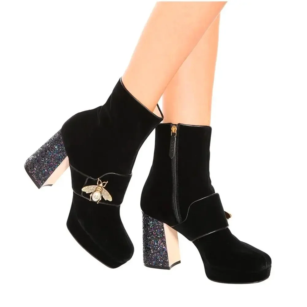 Gucci Platform Soko Bee GG Logo Ankle Boots Black Velvet Square Toe 40.5 10.5